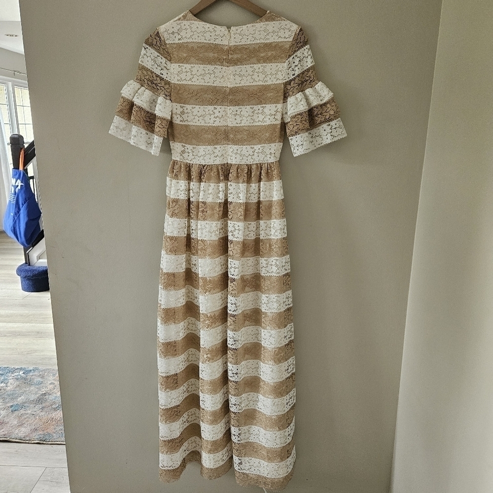 Huishan Zhang Resort 2017 Tan And White Stripe Lace Tiered Maxi Dress — image 8 of 8